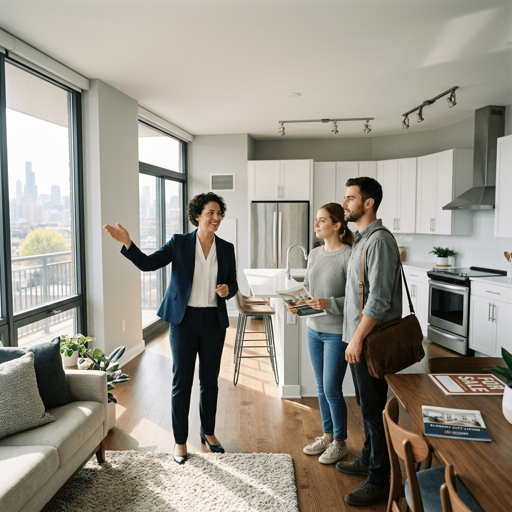 Real estate agent gesturing while showing a modern apartment to a couple