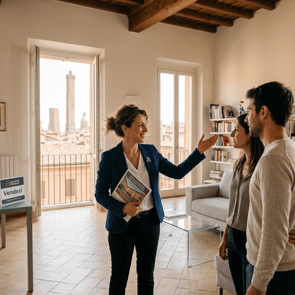 Real estate agent pointing and talking to a couple inside a bright apartment