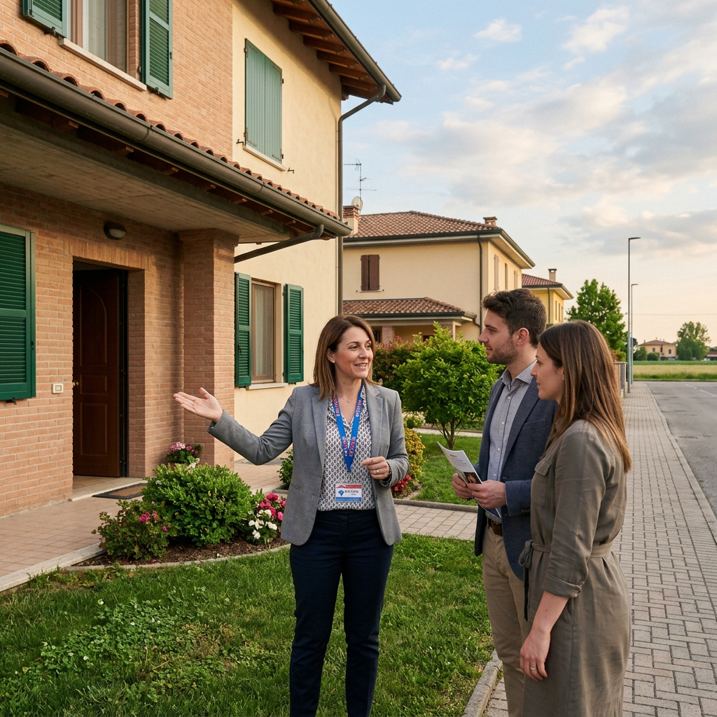 Real estate agent explaining features of a house to a couple outside the property