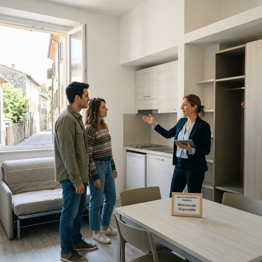 Real estate agent presenting a studio apartment to a couple