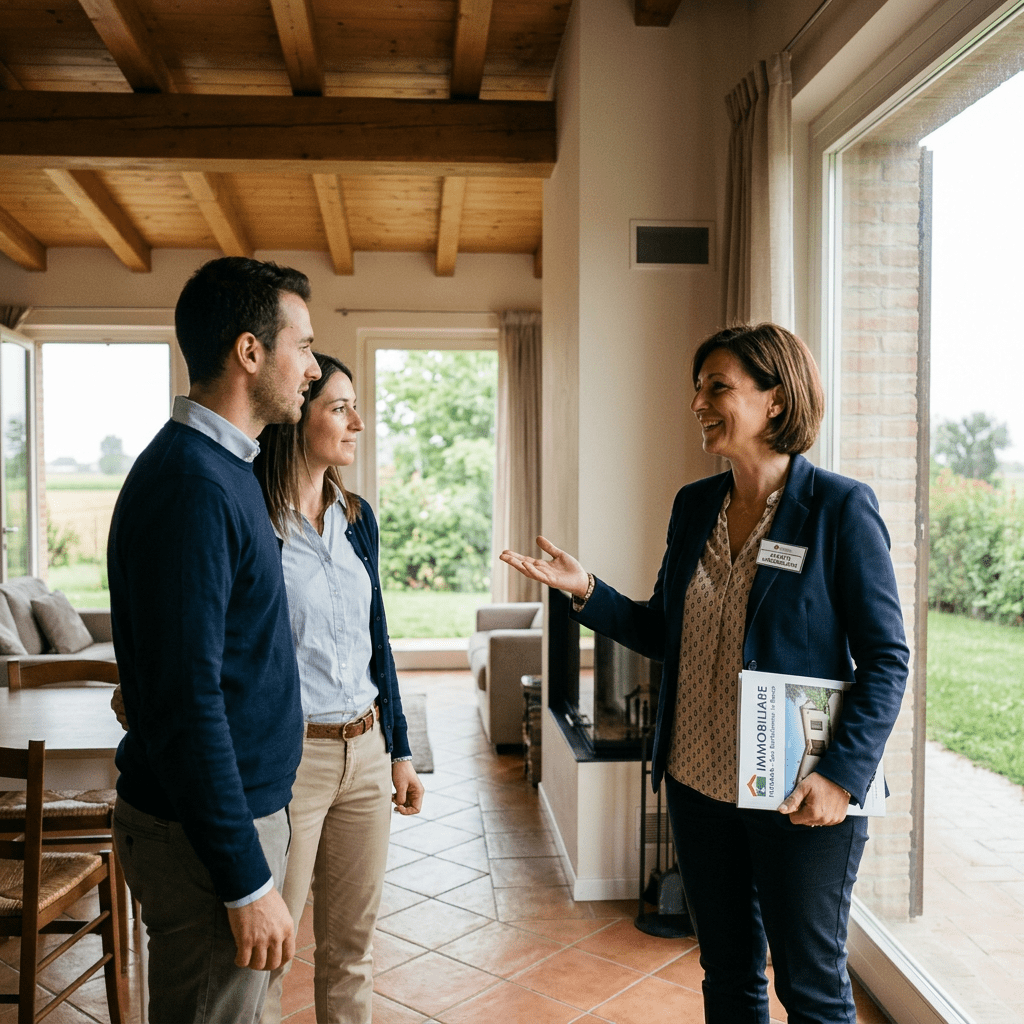 Real estate agent talking to couple inside a house with large windows and wooden ceiling
