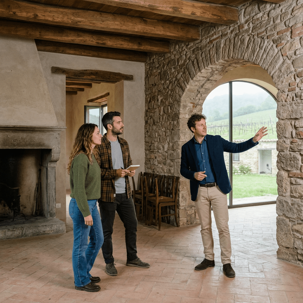 A real estate agent explaining features of a rustic home to a couple