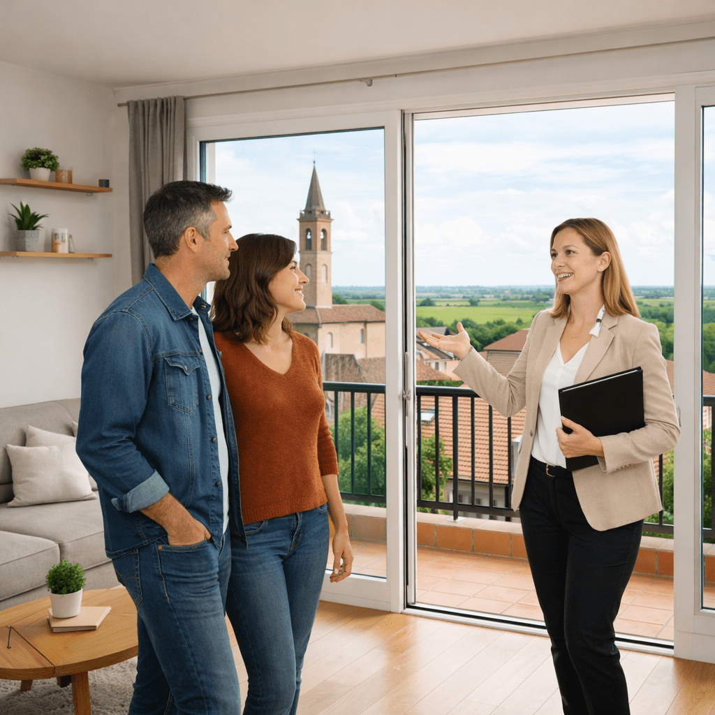 Real estate agent showing a couple an apartment balcony view with countryside and church steeple