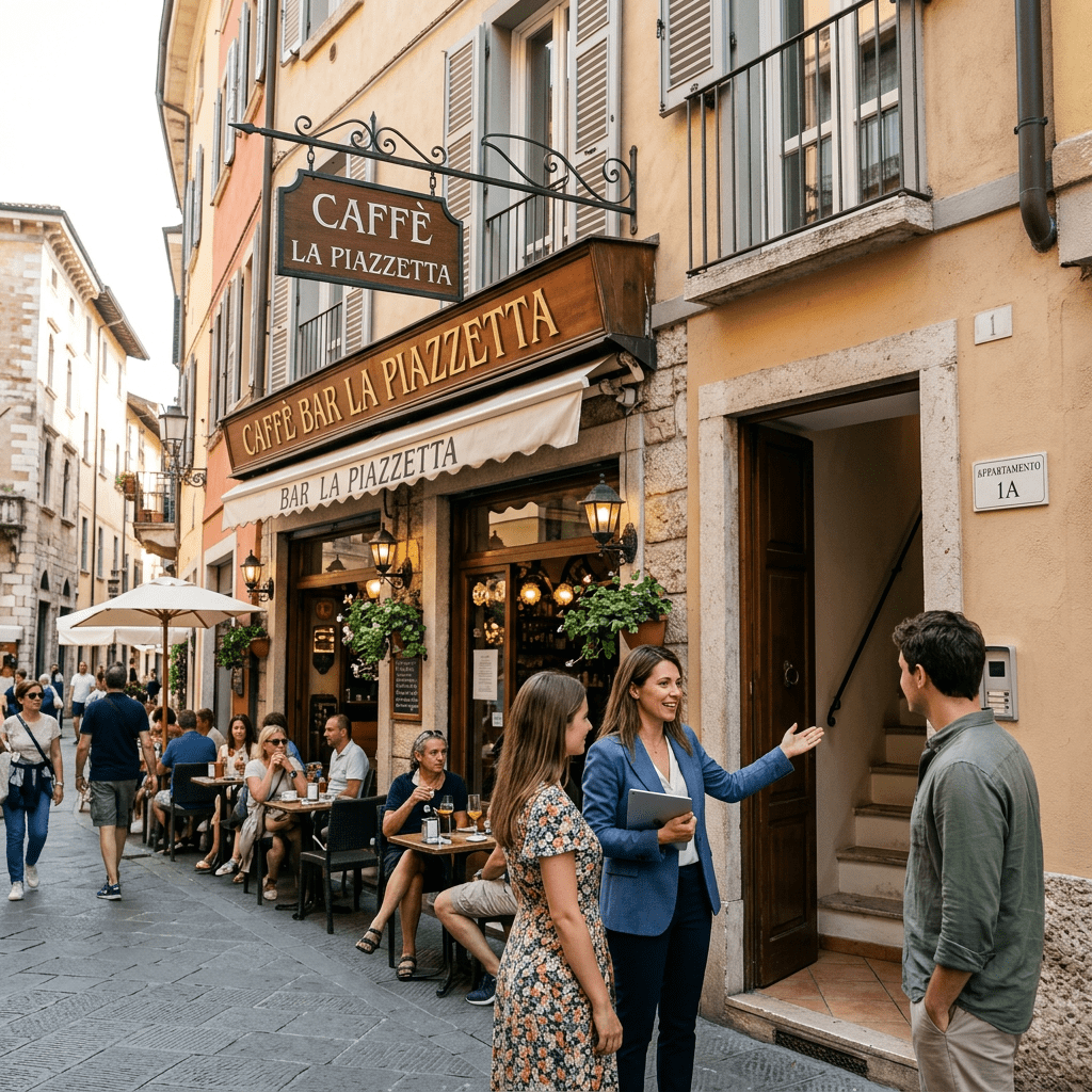 Outdoor seating at Caffè La Piazzetta with people talking and walking on a narrow street